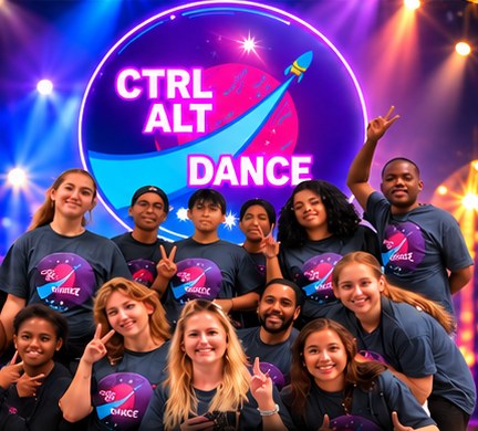 Members of CTRL_ALT_DANCE in matching shirts posing in front of their glowing logo